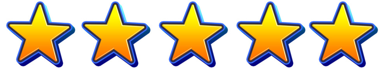 Five glowing 3D yellow stars with blue outline isolated on transparent background. Futuristic gaming-style perfect rating design for excellent player feedback and high score display interface.