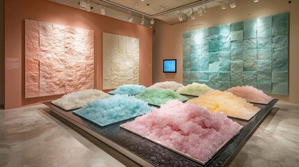 Gallery of art, An interactive exhibition wall featuring a mosaic of concrete tiles mounted on a magnetic surface.