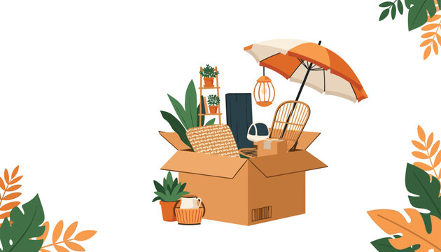 Exciting new beginnings as stylish home essentials pack into a moving box ready for transport and fresh adventures