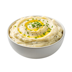 A bowl of creamy mashed potatoes isolated on a transparent or white background. PNG
