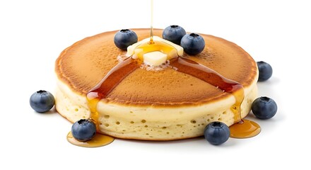 Fluffy Pancake with Butter and Blueberries Drizzled with Syrup