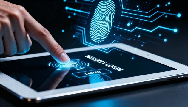 Finger touching a tablet for passkey login with a fingerprint scan. Biometric authentication and cybersecurity concept. Future of passwordless technology