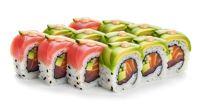 Delicious Sushi Rolls with Tuna, Salmon, Avocado, and Cucumber