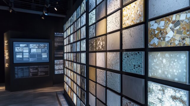 Gallery of art, An interactive exhibition wall featuring a mosaic of concrete tiles mounted on a magnetic surface.