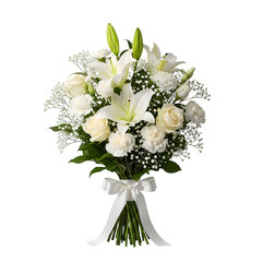 Memorial tribute white flower bouquet isolated on a transparent or white background. PNG