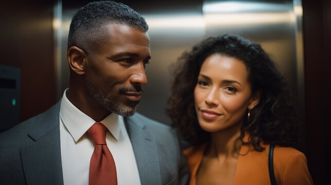 A professional man and woman maintaining respectful distance in a crowded elevator, symbolizing etiquette, respect, and personal space in shared public environments. cinematic color correction,