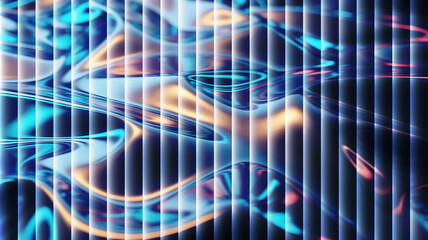 Abstract background with blue and orange liquid shapes and vertical stripes, creating a modern and dynamic design