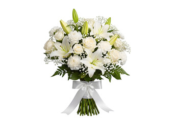 Memorial tribute white flower bouquet isolated on a transparent or white background. PNG