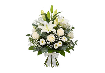 Memorial tribute white flower bouquet isolated on a transparent or white background. PNG