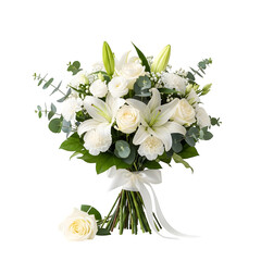 Memorial tribute white flower bouquet isolated on a transparent or white background. PNG