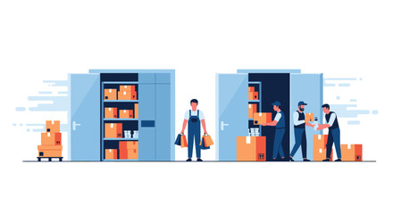 Warehouse workers diligently organizing inventory and packages, ensuring efficient logistics and supply chain operations for business growth