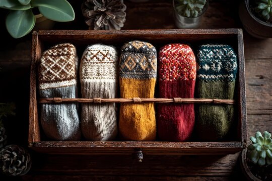 Cozy decorative socks neatly arranged in a wooden box with plants surrounding them