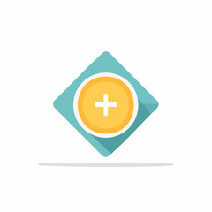 Fototapeta premium Simple geometric plus sign icon within a yellow circle and teal diamond shape with shadow