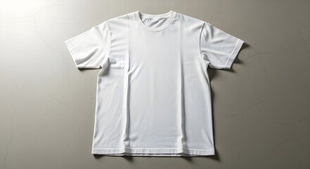 Blank white t shirt laid flat on a textured gray background with soft studio lighting