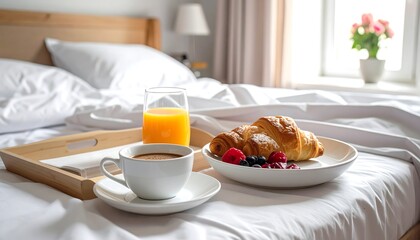 A wooden tray holds a breakfast of coffee, orange juice, croissants and berries on white bedding beside a sunny window with flowers