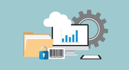 Secure data management and analytics presented with cloud, gear, and digital devices for modern business solutions