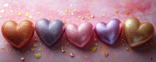 Colorful glittery hearts in line on pink romantic background