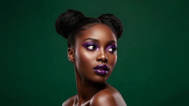 Woman with vibrant purple makeup and braided hair buns