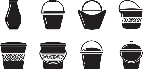 Collection of black silhouette buckets and a vase set against a white background