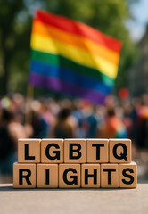 Lgbtq rights wooden blocks with rainbow flag waving in background