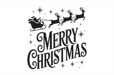 Festive black and white illustration of santa and reindeer with merry christmas