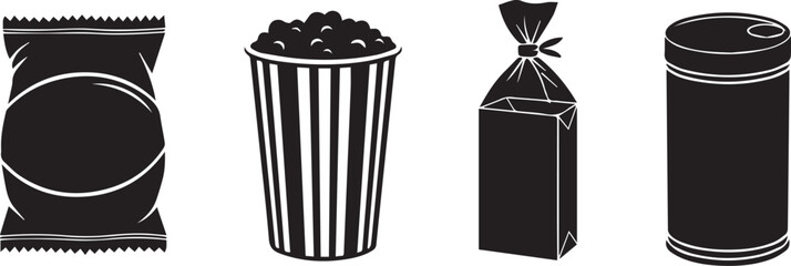 Hand drawn black and white illustrations of four different snack food packaging types on a white background