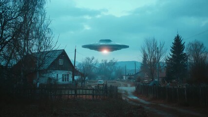 Ultra HD A mysterious flying saucer hovers over a quaint village at dusk video, UFO video, Unidentified Flying Object video, UFO flying video, UFO flying above a village video - Powered by Adobe
