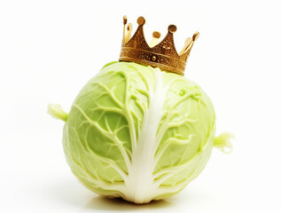 Cabbage wearing golden crown on white background