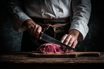 Artisan Chef's Culinary Precision: A focused chef masterfully wields a knife, expertly slicing a prime cut of raw meat on a rustic wooden cutting board, capturing the art of culinary excellence.