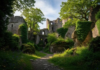 Fototapeta premium Ancient stone castle ruins overgrown with lush green ivy and trees, bathed in soft sunlight on a clear day