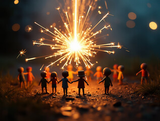 Children watching fireworks exploding in the night sky