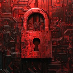 Data Fortress: A weathered padlock stands guard against a complex, intricate digital backdrop, symbolizing security and the protection of data in a dystopian, cyber-focused setting.