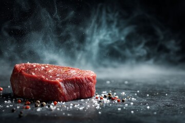 Succulent Steak Culinary Delight: A raw steak sits on a textured surface, surrounded by droplets of moisture and scattered spices.