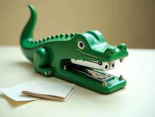 Green crocodile shaped stapler sitting on desk next to blank sheets of paper