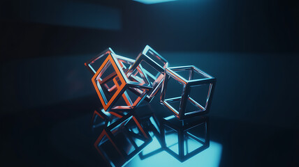Futuristic Glowing Wireframe Cubes on Dark Surface – Modern Abstract 3D Design