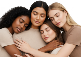 Group of four diverse women hugging each other with eyes closed isolated on transparent background concept of female friendship and support