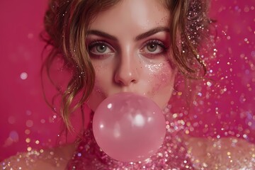 Naklejka premium Glittery portrait of a woman blowing bubble gum against a bright pink background