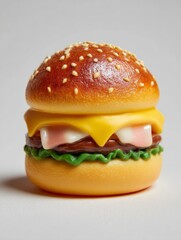 Delectable Burger: A mouthwatering, photorealistic hamburger, with a golden sesame seed bun, juicy patty, melted cheese, and fresh ingredients.