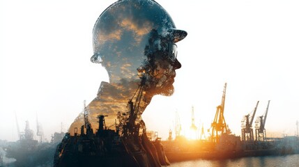 Industrial Silhouette: A striking double exposure image merges the profile of a construction worker with a bustling industrial landscape.