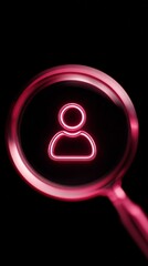 User Profile Search: A close-up shot of a magnifying glass highlighting a glowing person icon, set against a dark background, evoking the search for information, profile and privacy