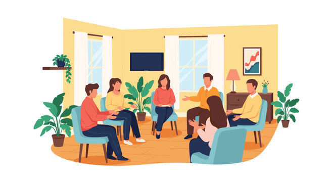 Diverse group actively participating in supportive therapy session, fostering connection and understanding in a comfortable group setting