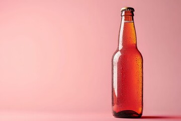 Amber Elixir: An amber bottle filled with the refreshing essence of beer, standing tall against a pink backdrop, the drink glistens invitingly, suggesting moments of leisure and enjoyment.