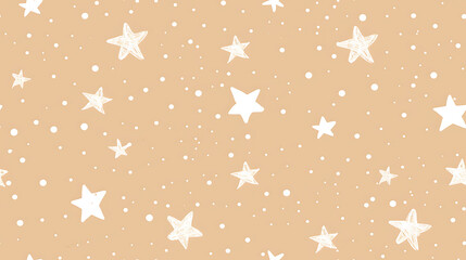 Seamless cozy winter pattern with hand-drawn white stars and snow dots on warm beige kraft-style background. Cute minimalist Christmas digital paper for wrapping, invitations, scrapbooking and holiday