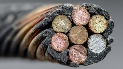 Copper Cable Close-up: a meticulous view showcases the intricate architecture of a multi-stranded copper cable, highlighting the interplay of strength and engineering design.