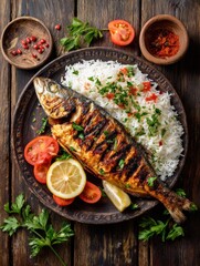 Grilled Fish with Rice and Garnishes: A delectable grilled fish dish is presented on a rustic plate, featuring perfectly cooked fish, fluffy white rice, and vibrant garnishes of tomatoes, lemon.