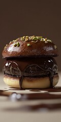 Chocolate Burger: A luscious chocolate burger drizzling with rich, glossy chocolate, garnished with pistachio nuts, showcasing the ultimate indulgence, perfect for a culinary delight.