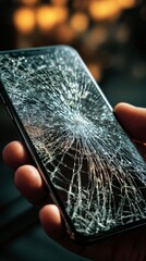 Shattered Screen: A close-up shot of a smartphone with a shattered screen, held by hand. Reflecting destruction and the impact of everyday accidents.