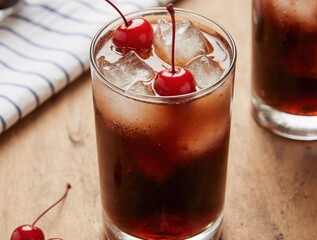 Refreshing dark cherry cocktail with ice and garnishes