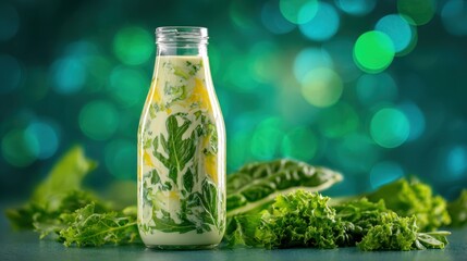 A glass bottle filled with a green smoothie sits on a table surrounded by fresh leafy greens. The colorful background adds a lively feel to the scene, capturing a healthy lifestyle.