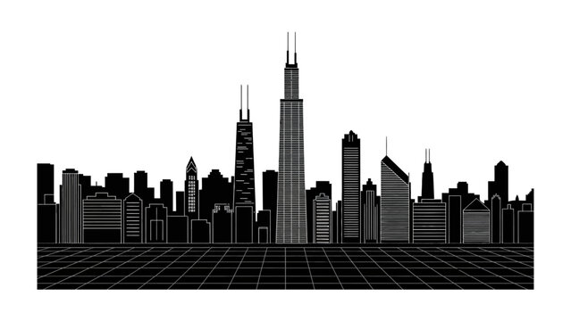 Urban Silhouette: A captivating monochrome silhouette of a dynamic cityscape, showcasing iconic architectural wonders and the intricate details of an urban environment.